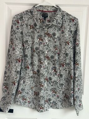 Talbots Printed Button-Up Blouse in White, Black and Red Accents